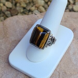 Unisex Tiger Eye Ring Large Rectangular Gemstone Silver Tone Bold Statement